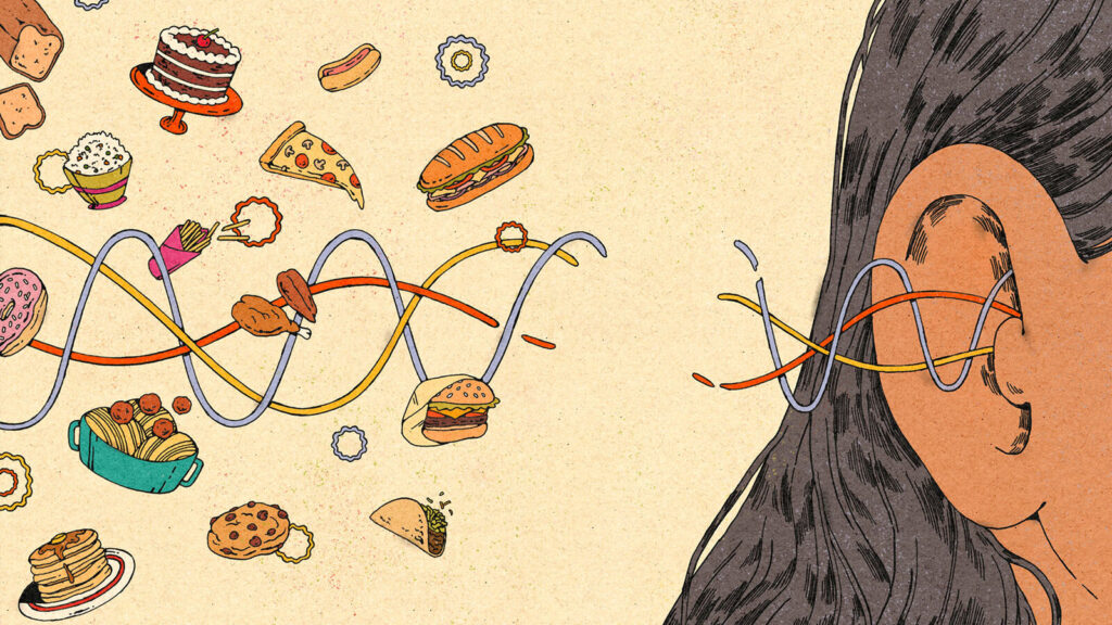 A person experiencing food noise is portrayed with multiple foods being circled into the person's ear. Semaglutide can help!